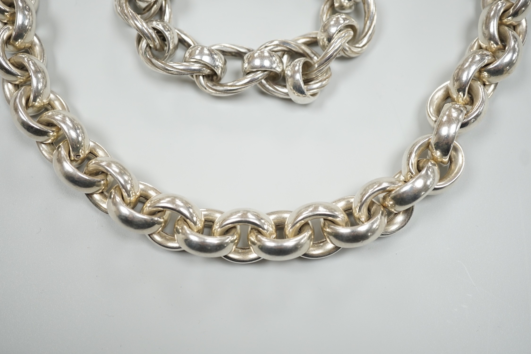 An Italian 925 'Old Florence' chain link bracelet, 20cm and a 925 chain link necklace, 48cm, gross weight 9.2oz.